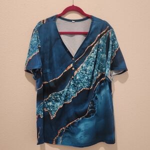 Rosegal Blue/green and Gold Short Sleeve Top